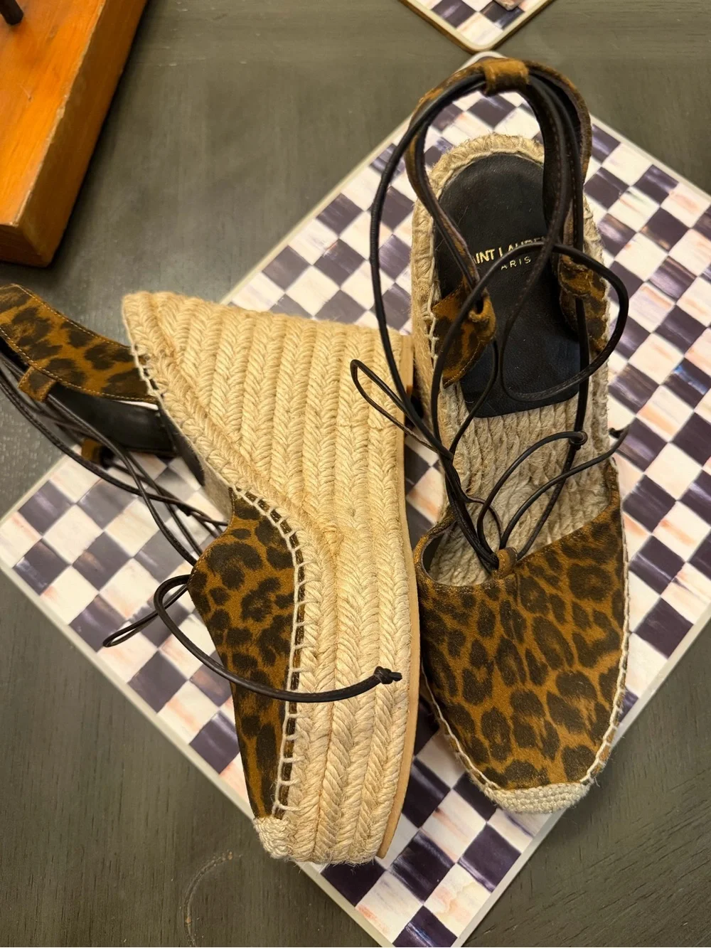 Saint Laurent Leopard Print Espadrilles with Black Leather Ankle Ties